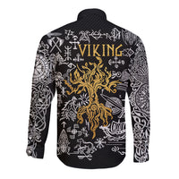 Black long-sleeve button shirt, back view, gold and white Viking rune graphic