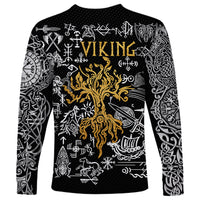 Unisex black long-sleeve shirt with golden tree, Viking text, and white rune graphics