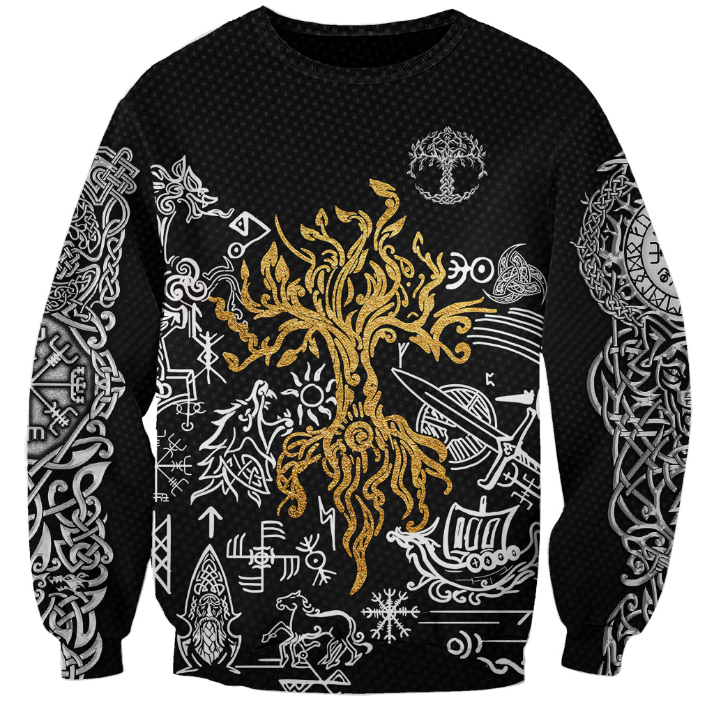 Unisex black sweatshirt with gold and white Norse tree and rune graphic, long sleeves