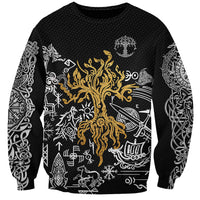 Unisex black sweatshirt with gold and white Norse tree and rune graphic, long sleeves
