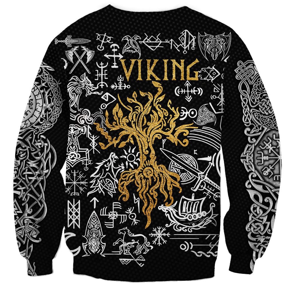 Unisex black sweatshirt with back VIKING text, gold-and-white Norse rune print