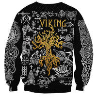 Unisex black sweatshirt with back VIKING text, gold-and-white Norse rune print