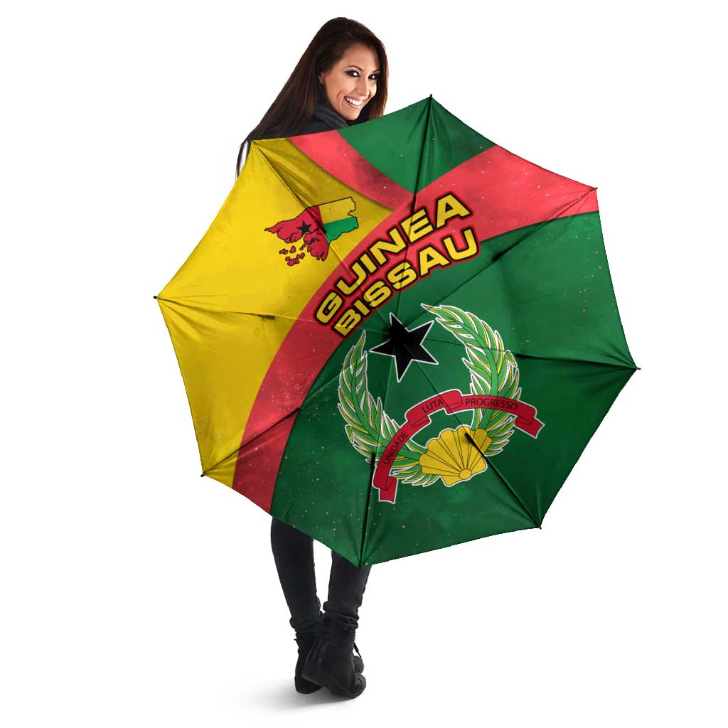 Open Guinea-Bissau umbrella with multicolor diagonal panels and star-and-laurel emblem