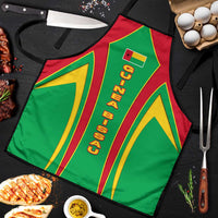 Green apron close-up with vertical Guinea Bissau lettering and red/yellow stripes