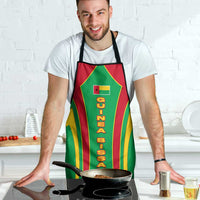 Green apron with Guinea Bissau text and red/yellow stripe design, black straps