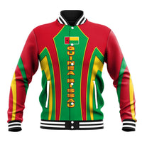 Red baseball jacket with green/yellow stripes, front vertical panel with star and text