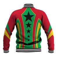 Red baseball jacket with green striped back panel, black star design and striped cuffs
