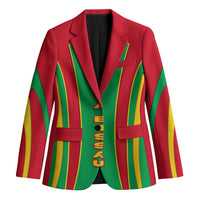 Unisex red-green-yellow striped blazer with black lapel lining and pocket accents.