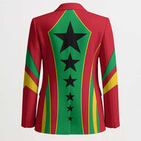Unisex back view blazer with large black star and red, green, yellow vertical stripes.