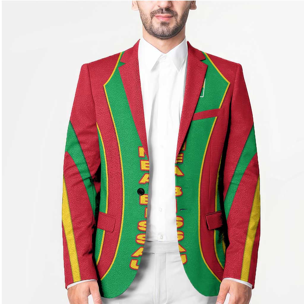 Unisex striped blazer front with green lapels and red-green-yellow vertical panels.