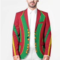 Unisex striped blazer front with green lapels and red-green-yellow vertical panels.