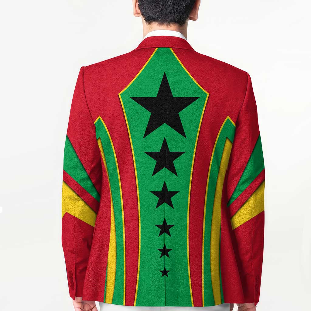 Unisex blazer back with green center panel and stacked black stars amid vertical stripes.