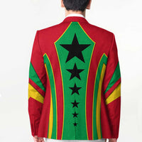 Unisex blazer back with green center panel and stacked black stars amid vertical stripes.