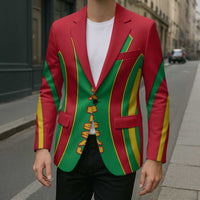 Unisex red-green-yellow striped blazer with open lapels and front pocket detail.