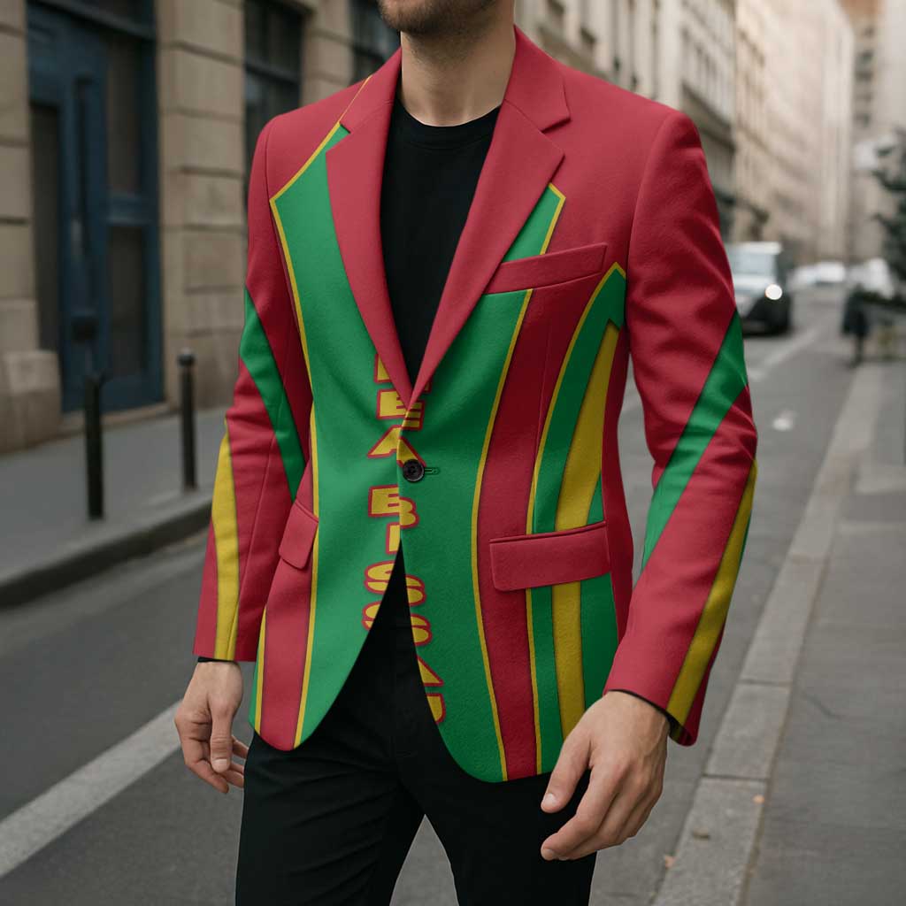 Unisex striped blazer over a black crewneck, featuring red-green-yellow vertical panels.