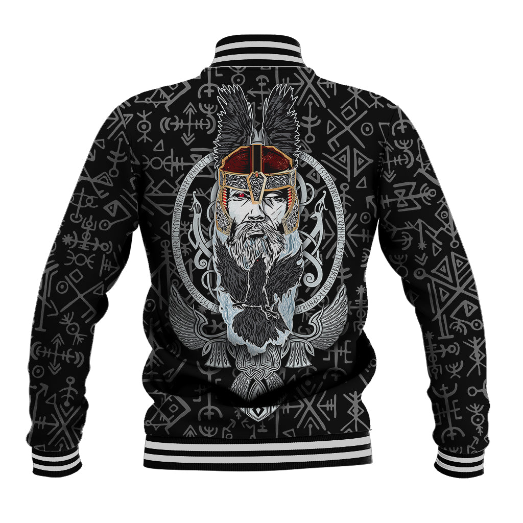 Black baseball jacket with Norse rune pattern and Odin face graphic on back