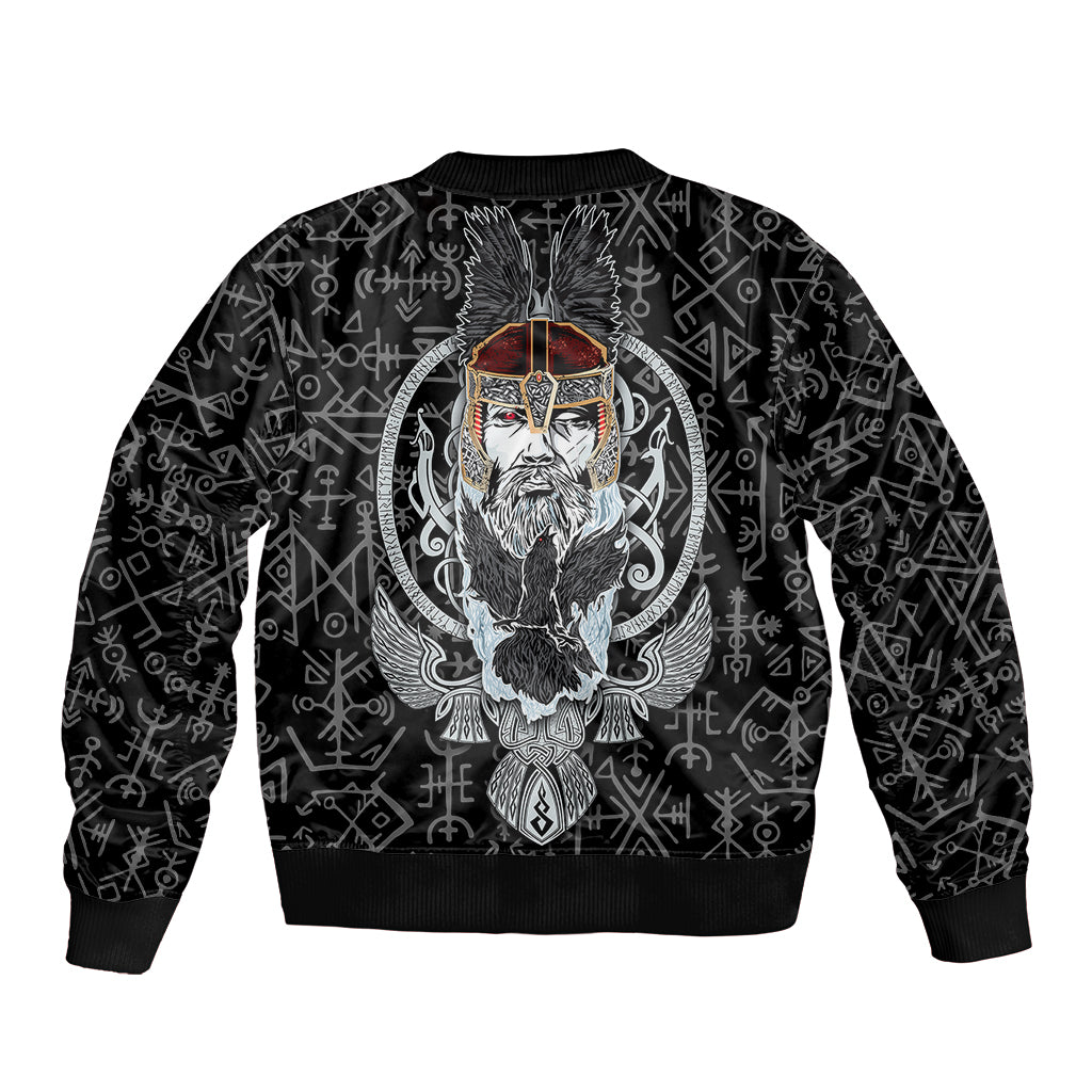 Unisex black bomber jacket with Odin face and rune pattern graphic, ribbed cuffs and hem