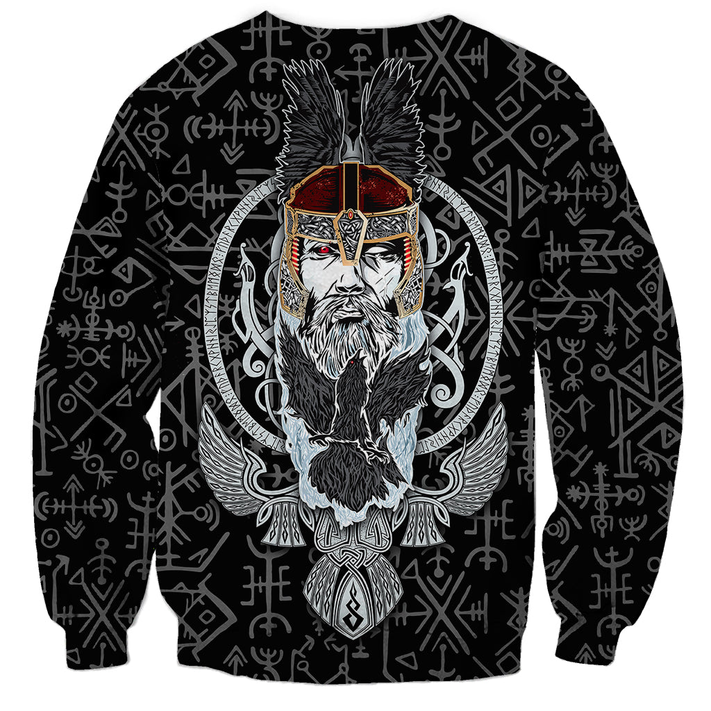 Unisex black sweatshirt with Odin portrait and rune pattern graphic at center