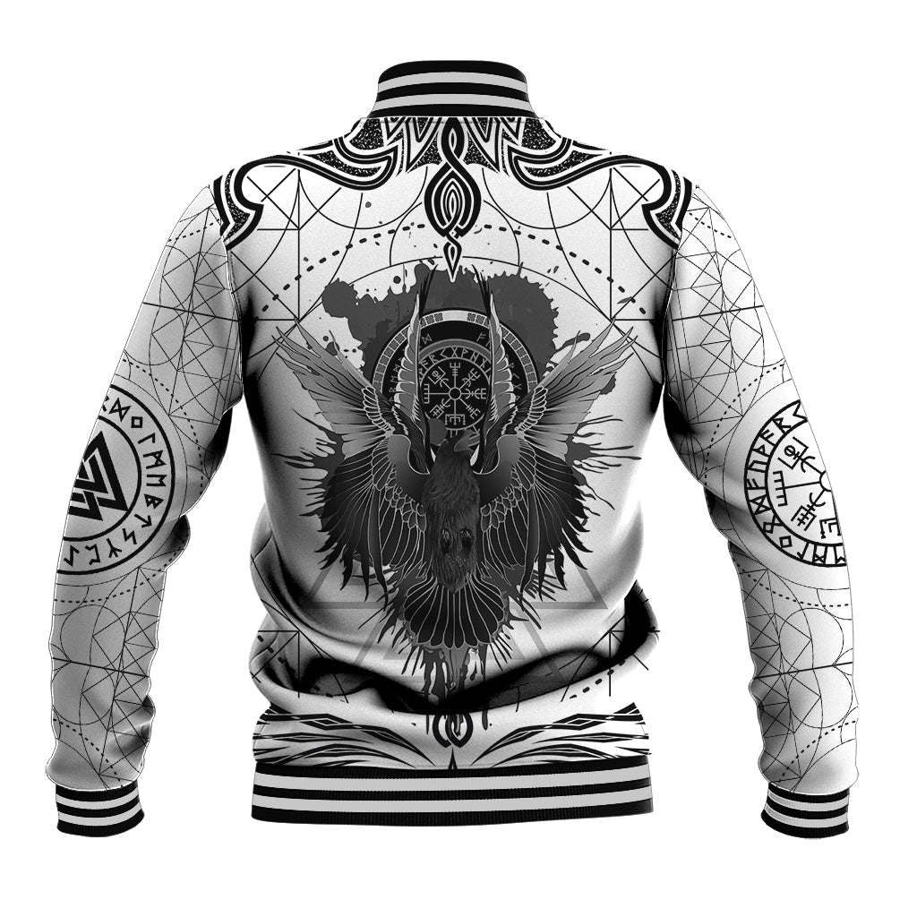 White baseball jacket with black twin raven and Valknut-style back graphic, ribbed hem