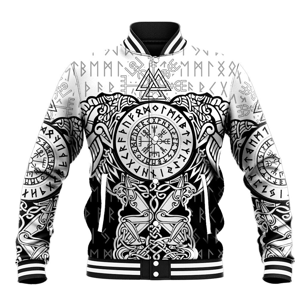 White and black baseball jacket with large front raven tattoo graphic and ribbed trim