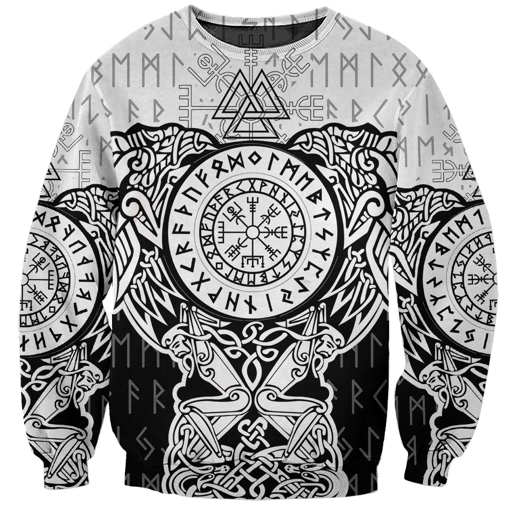 White long-sleeve crewneck sweatshirt with black Viking ravens and rune graphic