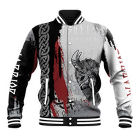 Multicolor baseball jacket with striped ribbed collar and Viking warrior front graphic