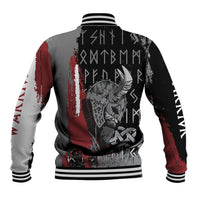 Multicolor baseball jacket with striped cuffs and Viking warrior back graphic