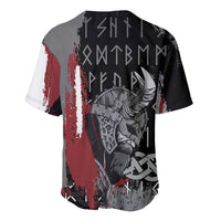 Viking baseball jersey back with rune-style symbols and horned warrior art, red/black
