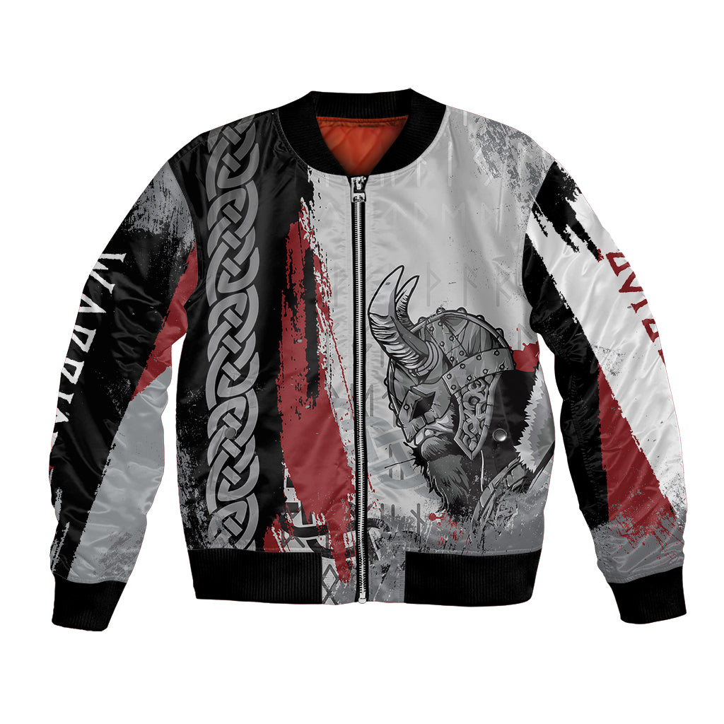 Multicolor bomber jacket with zip front, Viking warrior graphic, ribbed cuffs and hem