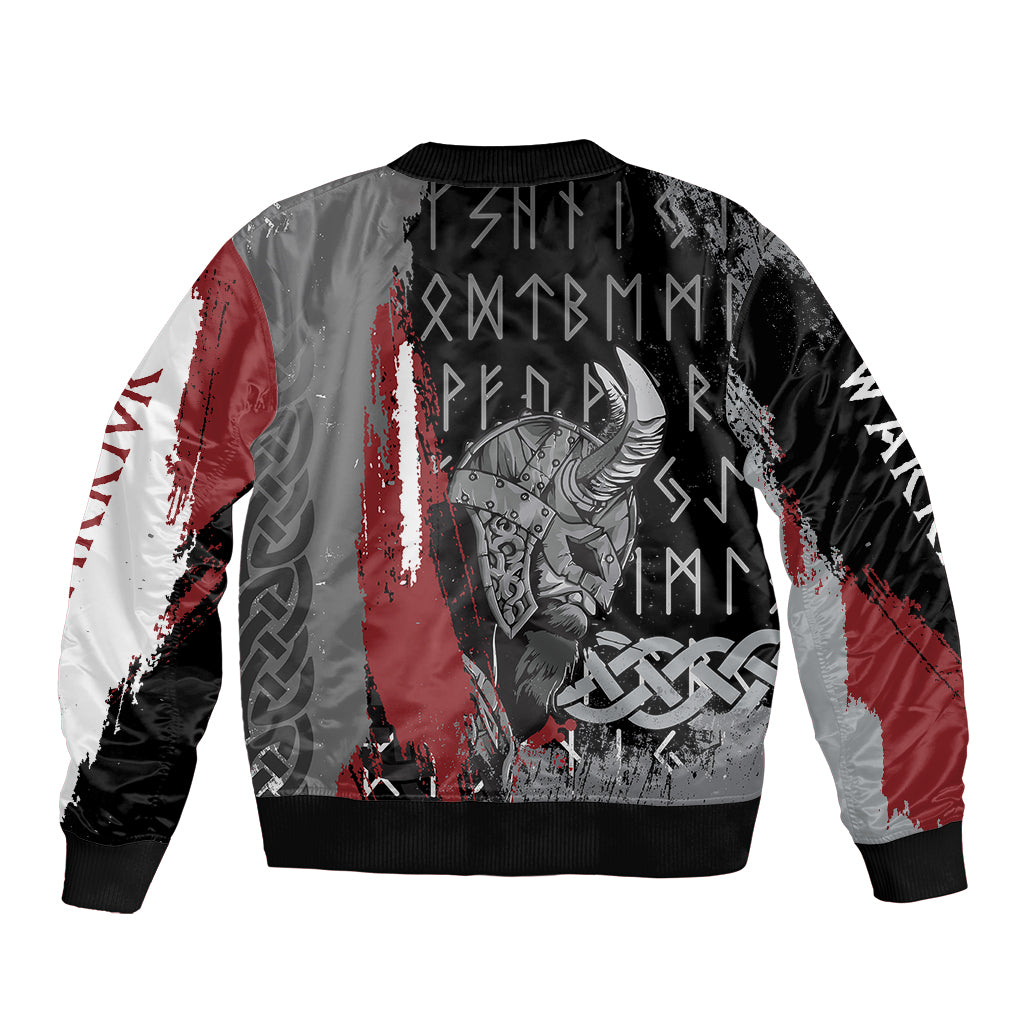 Multicolor bomber jacket with back Viking warrior and rune graphic, ribbed hem and cuffs