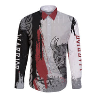 Long-sleeve button-up shirt with red, black, and gray warrior graphic on front