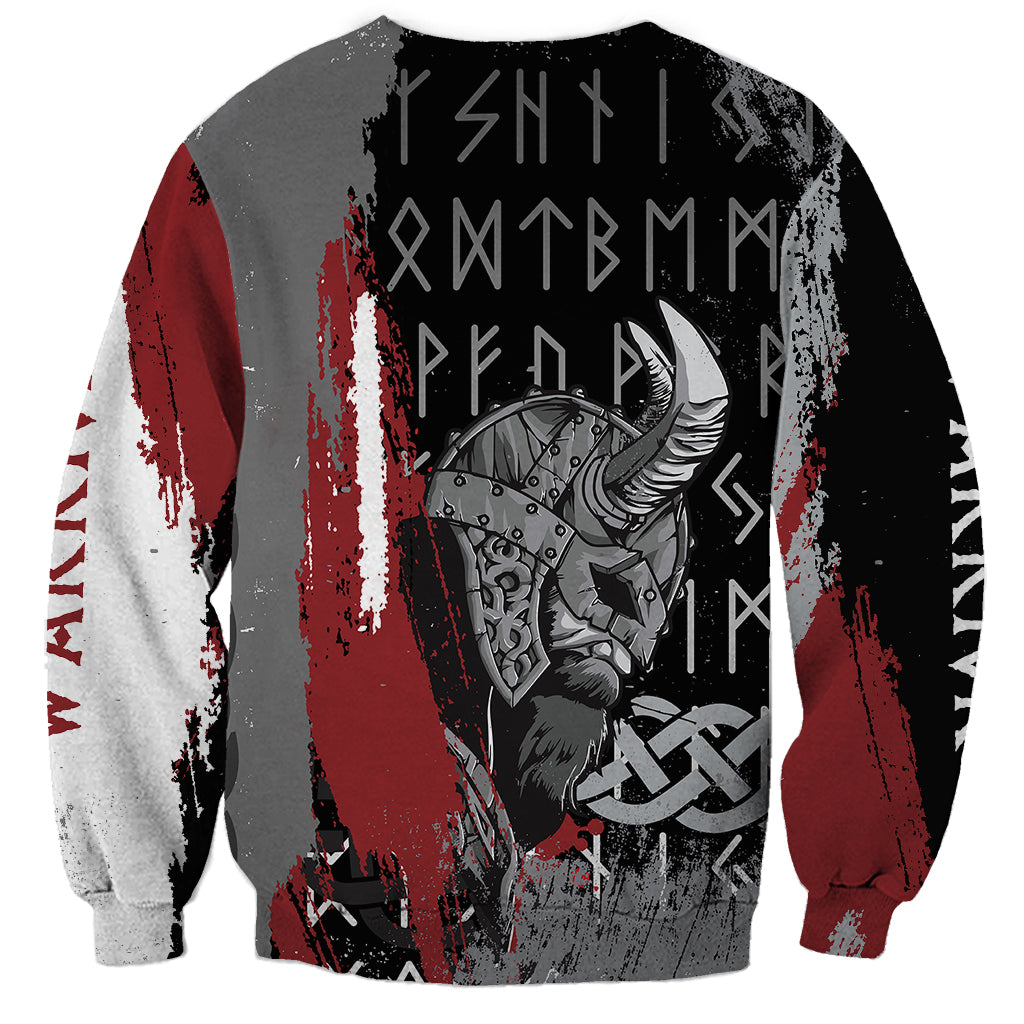Unisex multicolor Viking warrior graphic sweatshirt, back view with rune symbols