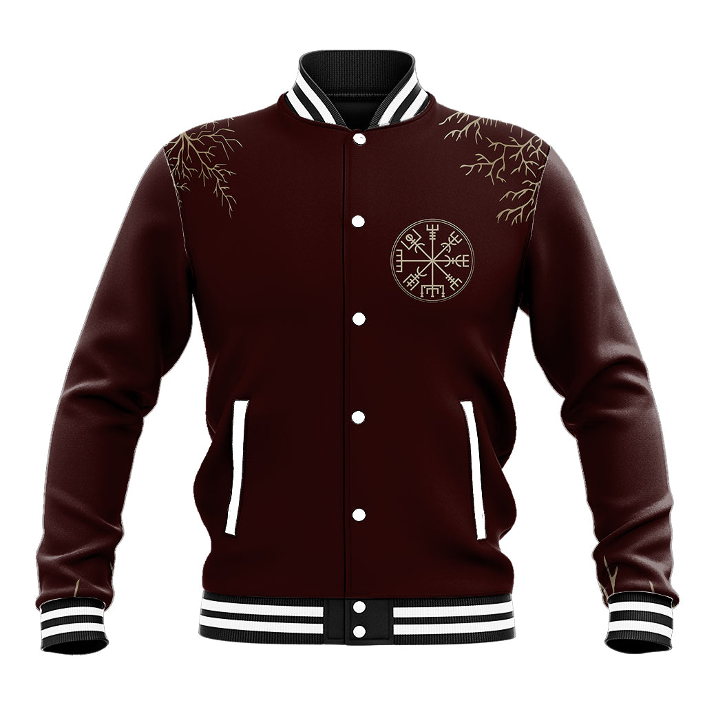 Brown Viking baseball jacket, front button closure with rune emblem and striped trim