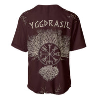 Dark maroon baseball jersey with Yggdrasil back print, circular rune emblem, white tree roots