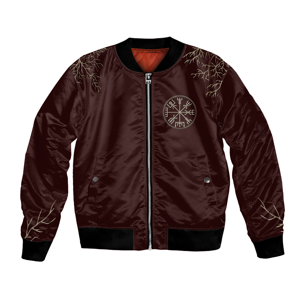 Brown bomber jacket with front zipper and small rune emblem; ribbed cuffs