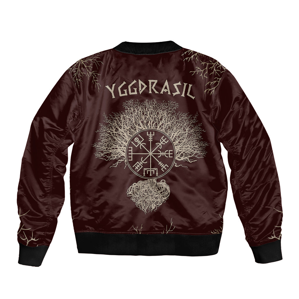Brown bomber jacket with large Yggdrasil tree and rune emblem; ribbed cuffs