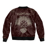 Brown bomber jacket with large Yggdrasil tree and rune emblem; ribbed cuffs