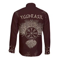 Dark brown long-sleeve button shirt, Yggdrasil rune back print