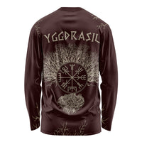 Brown long-sleeve shirt with Yggdrasil tree and rune circle graphic on back