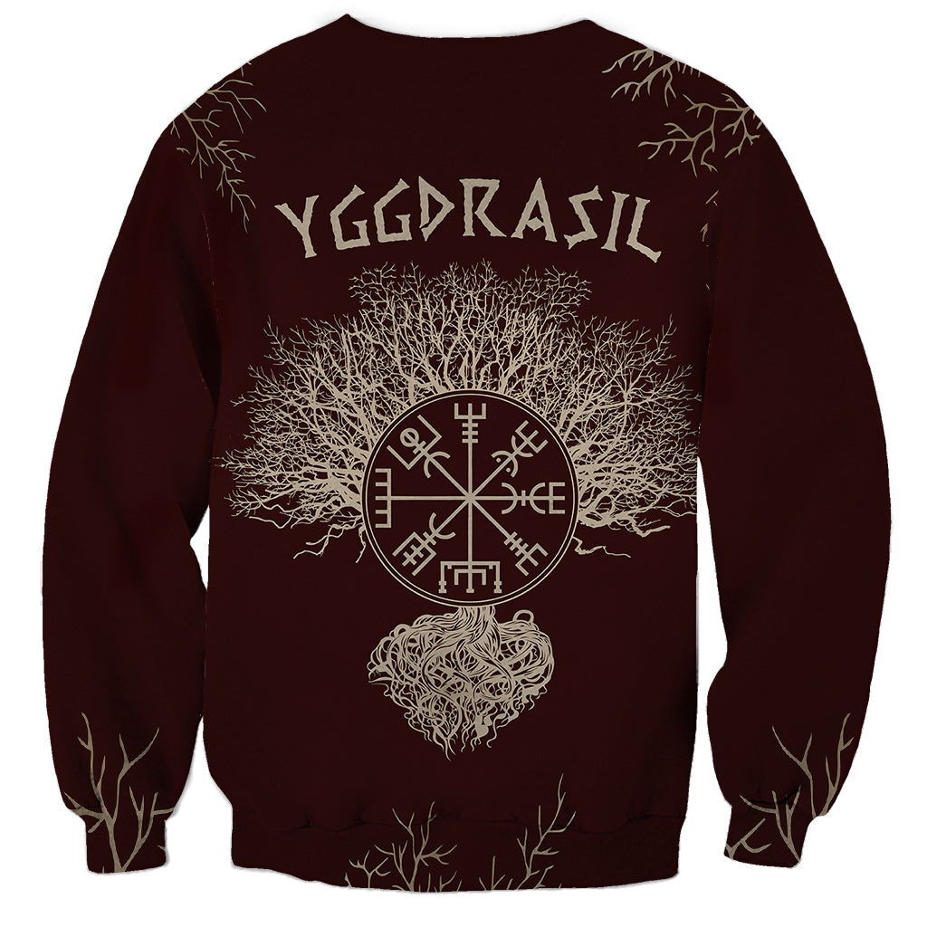 Dark brown unisex sweatshirt with large Yggdrasil tree and rune emblem print