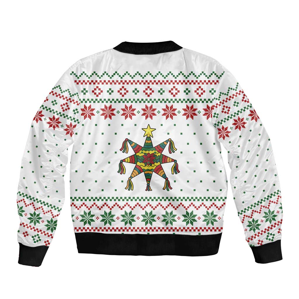 Mexico Christmas Bomber Jacket with Piñata Star Design and Red Green Snowflake Pattern - Wonder Print Shop