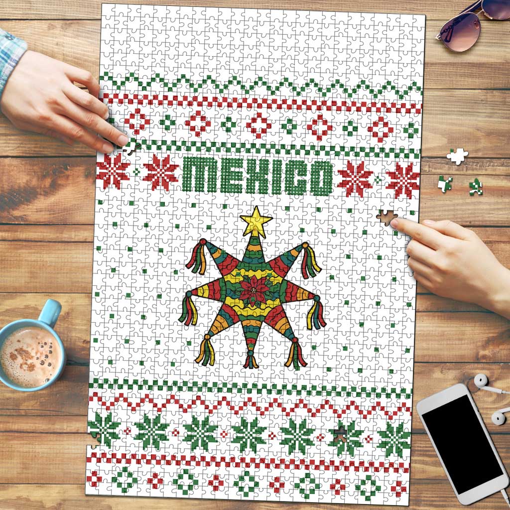 Mexico Christmas Puzzle with Piñata Star Design and Red Green Snowflake Pattern - Wonder Print Shop