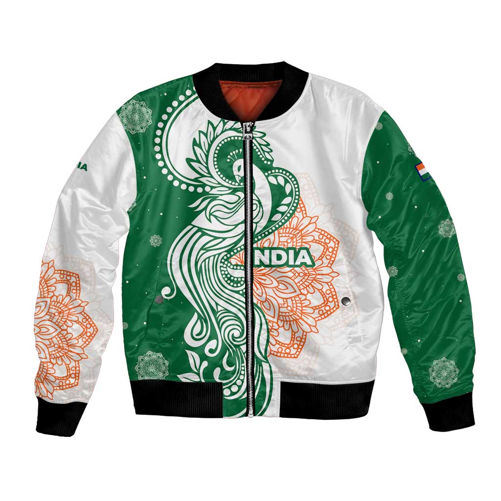 India Christmas Bomber Jacket with Peacock Mandala Pattern and Tricolor Design - Wonder Print Shop