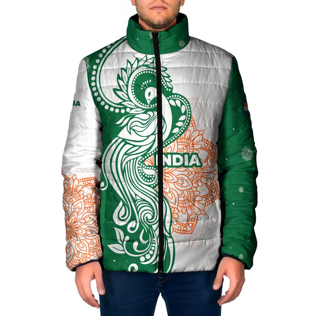 India Christmas Padded Jacket with Peacock Mandala Pattern and Tricolor Design - Wonder Print Shop
