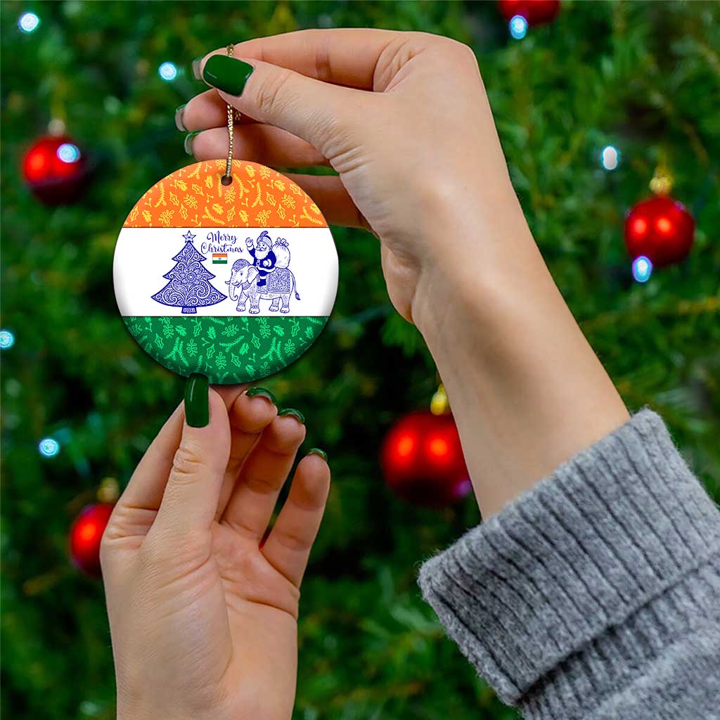 India Christmas Ceramic Ornament with Elephant Santa Tree Design and Tricolor Holiday Pattern - Wonder Print Shop
