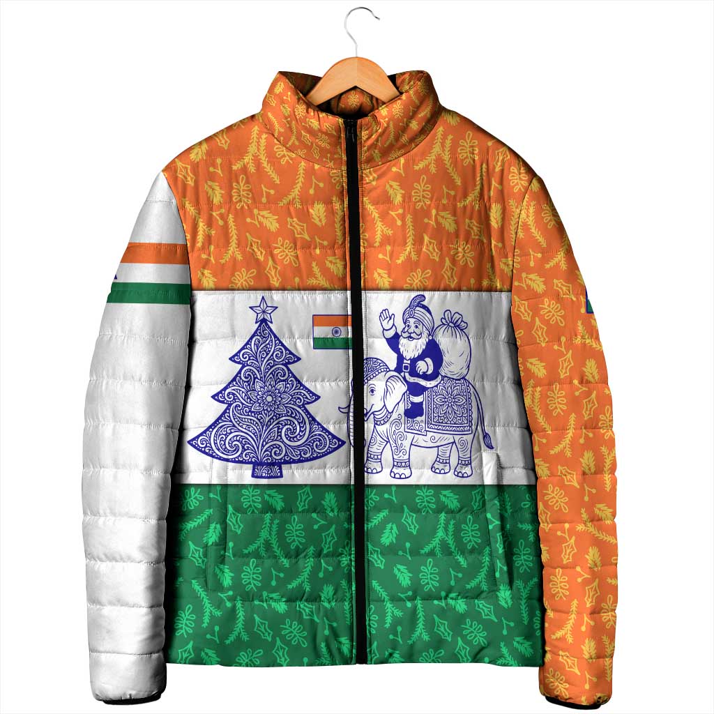 India Christmas Padded Jacket with Elephant Santa Tree Design and Tricolor Holiday Pattern - Wonder Print Shop