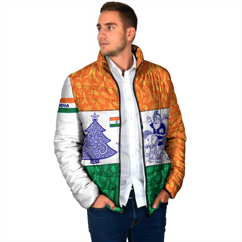 India Christmas Padded Jacket with Elephant Santa Tree Design and Tricolor Holiday Pattern - Wonder Print Shop