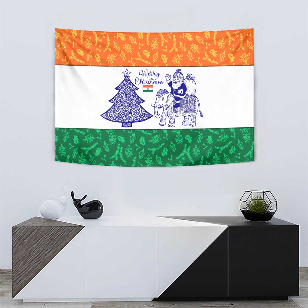 India Christmas Tapestry with Elephant Santa Tree Design and Tricolor Holiday Pattern - Wonder Print Shop