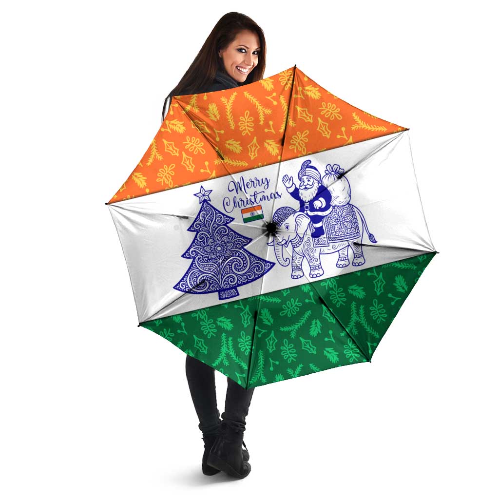 India Christmas Umbrella with Elephant Santa Tree Design and Tricolor Holiday Pattern - Wonder Print Shop