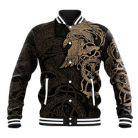Black baseball jacket with gold Viking raven graphic, snap front, ribbed striped cuffs